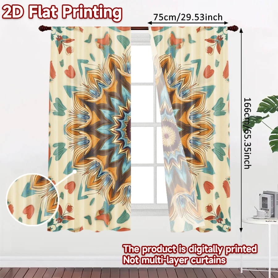 2PCS Digital Print  Curtain, Mandala Flower Wheel, Bohemian Style  Curtain Panel for Home Living Room Bedroom Decor