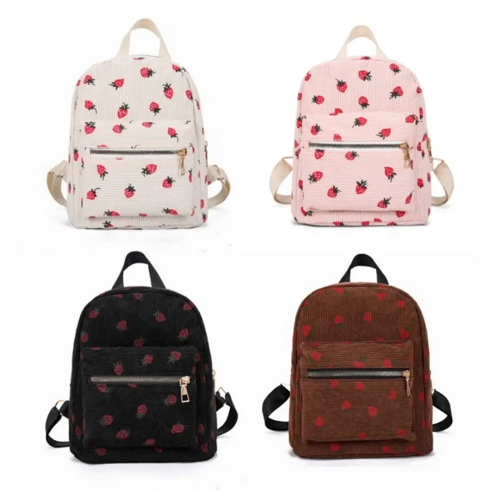 Corduroy Strawberry Backpack Casual Travel Backpack Large Capacity Daily Rucksack Multi-pockets Adjustable Strap for Women Girls