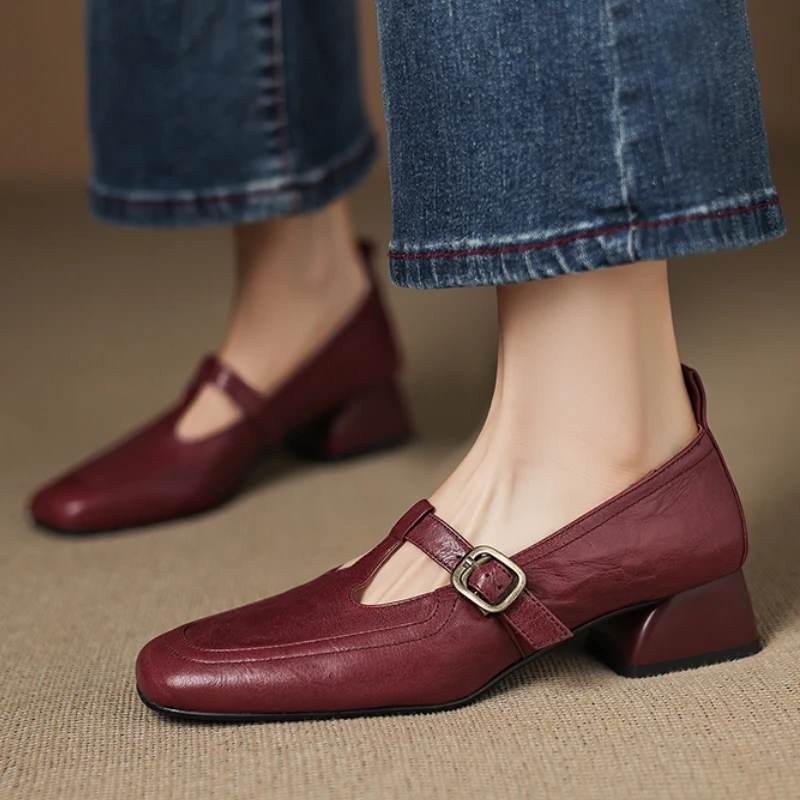 

Women's Block Low Heels Loafers Shoes Genuine Leather Elegant Black Red T-strap Mary Janes Party Wedding Oxfords Shoes Female
