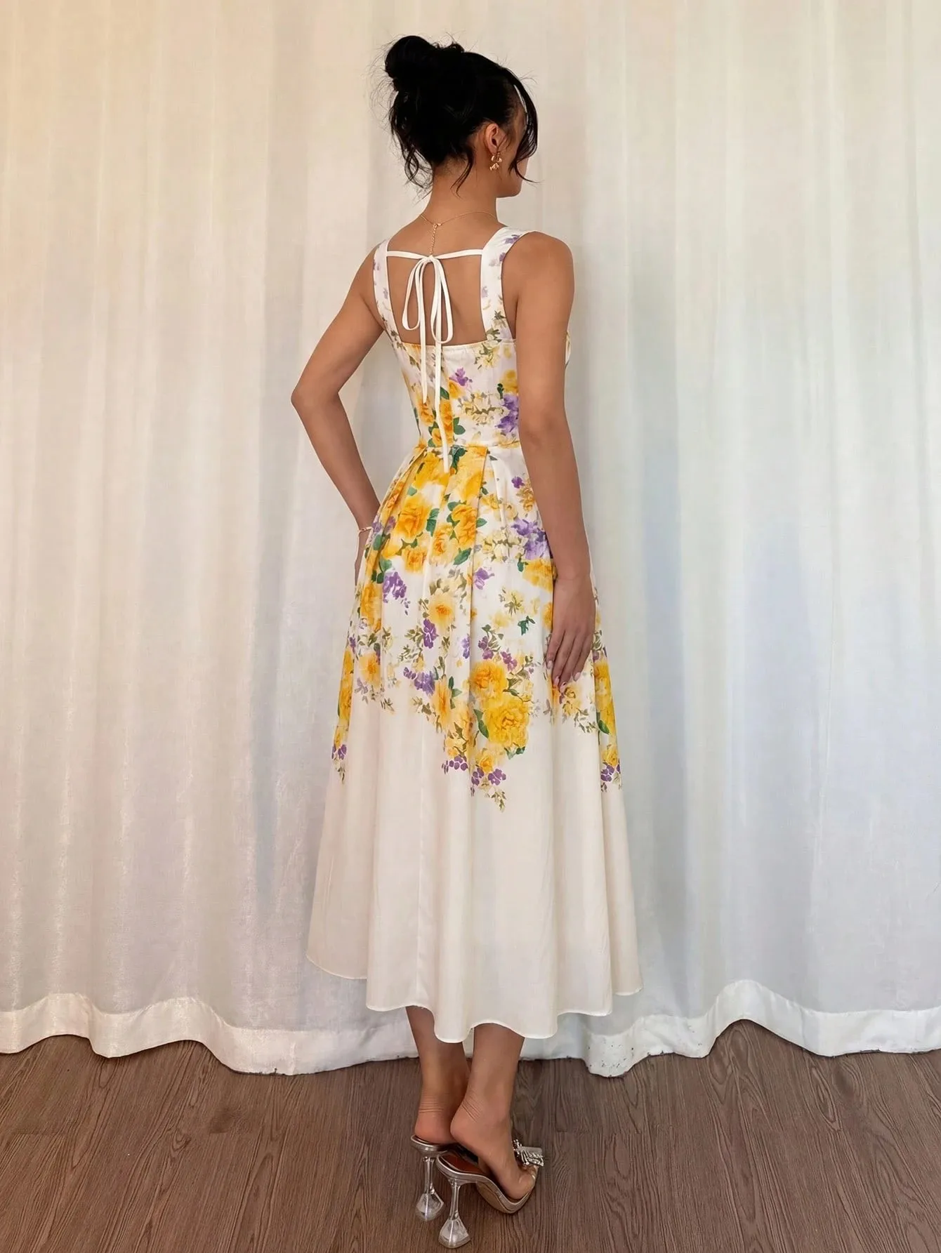 Women's Elegant Holiday Floral Print Belted Dress Stylish Casual Maxi Skirt with Sashes for Vacation