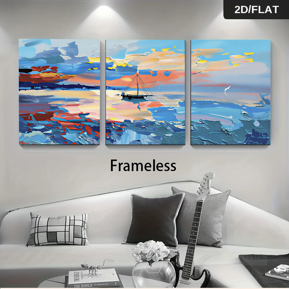 1 set of modern abstract sea view oil paintings, triptych, living room, bedroom, foyer, frameless decorative painting, 2D plan