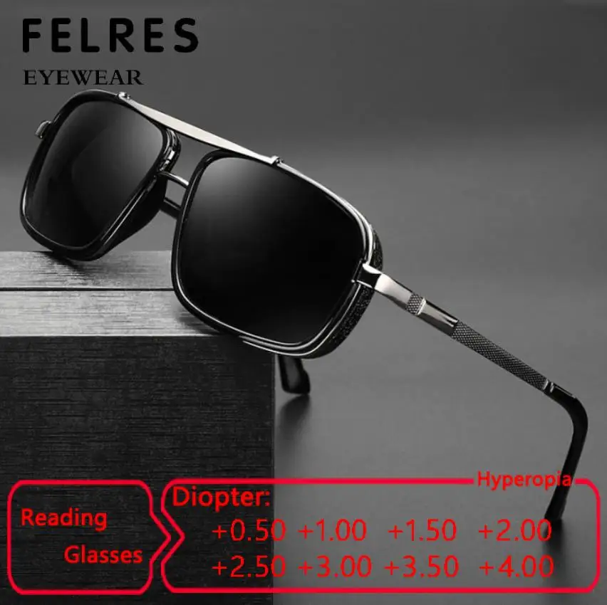 

Vintage Punk Square Reading Sunglasses Men Designer Prescription Presbyopic Reader Classic Outdoor Shade Sunglasses +1.0 1.5 2.0