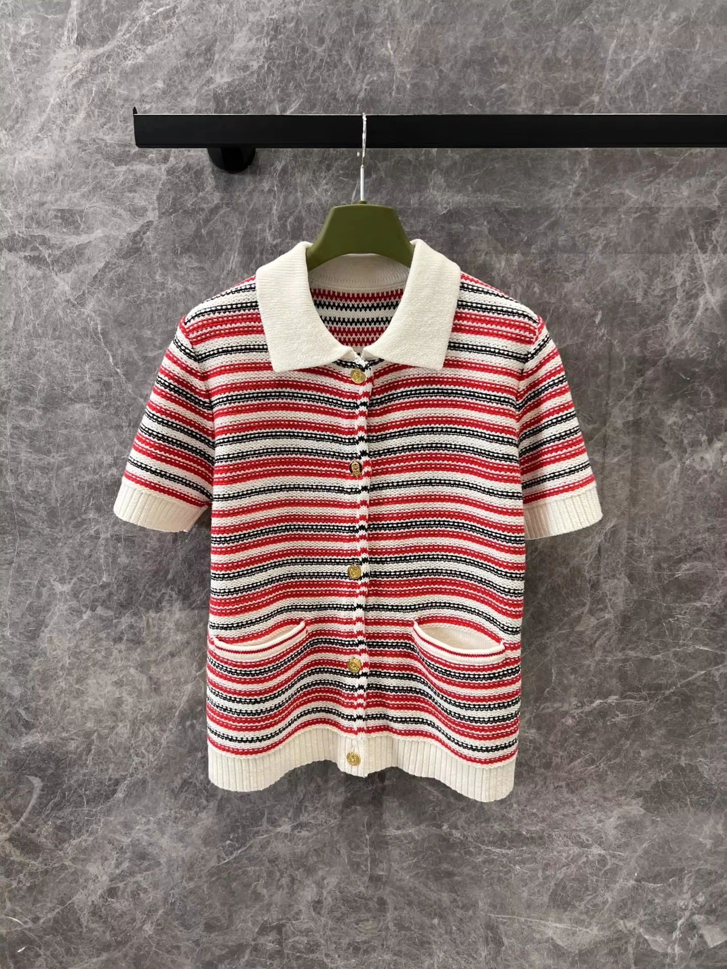 

Designer Brand Spring Summer Striped Cotton Blend Turn-down Collar Knitted T-Shirts Classical Basics Regular Female Clothes