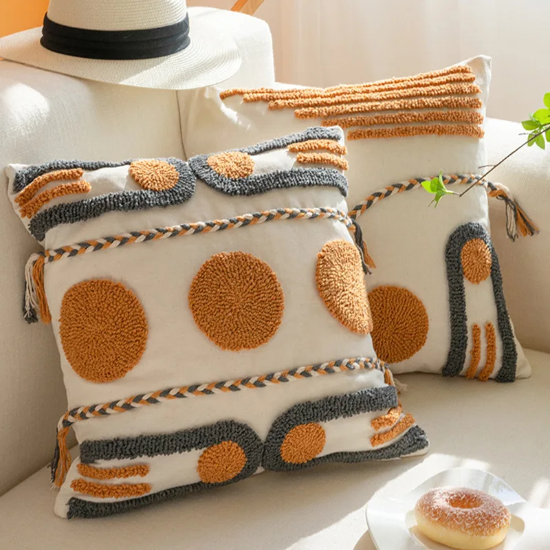 Vintage Nordic Bohemian Hand Painted Tufted Cushion Cover with Fringe for Sofa Pillow