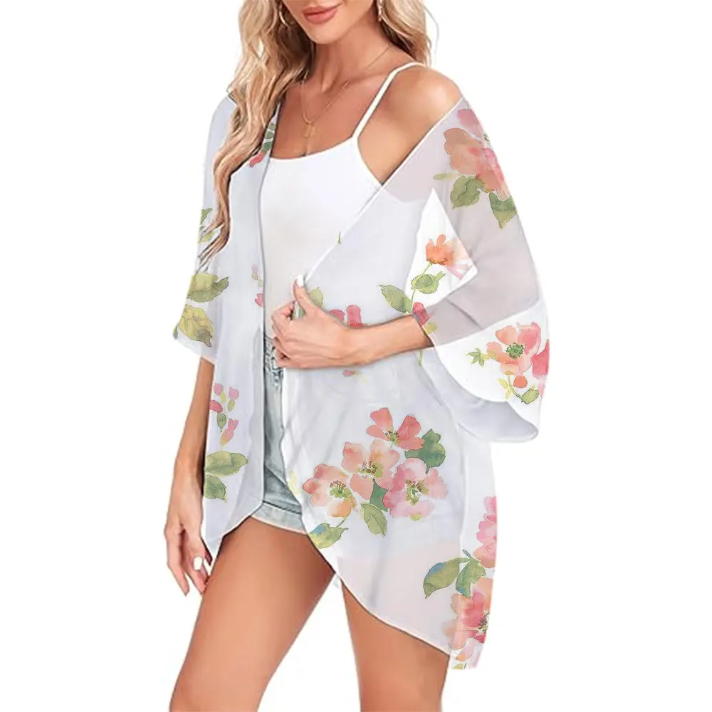 Vintage Flower Printed Kimono Cover-ups Chiffon Breathable Beach Coat Summer Kimono Fashion Women's Beach Bikini Swimsuit Coat