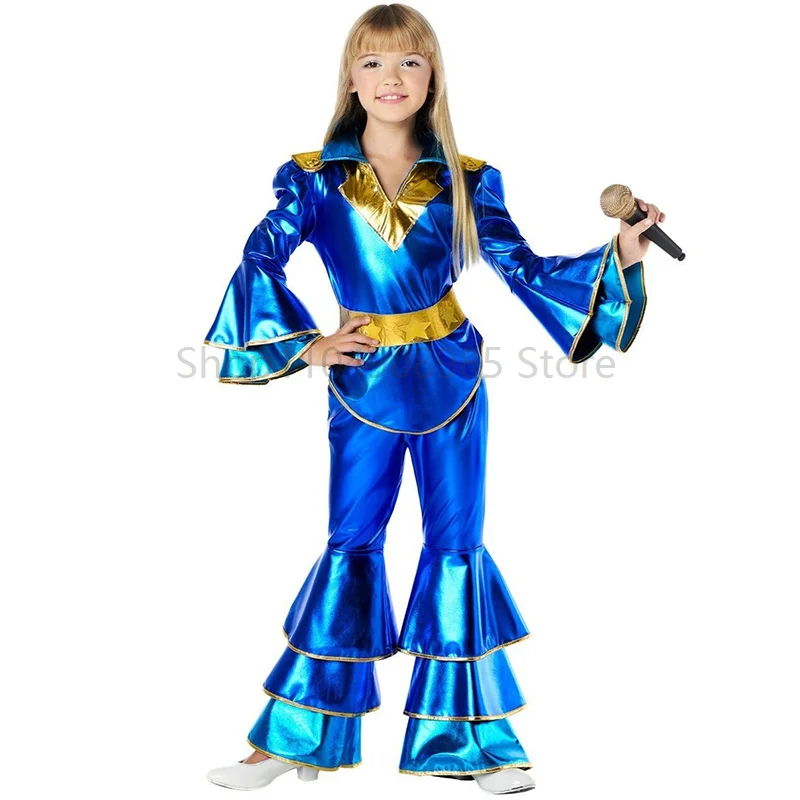 

Children 80s Dancing Dream Super Singer Star Christmas Fancy Dress Up Jumpsuit With Belt 70s Blue Disco Costume for Girls