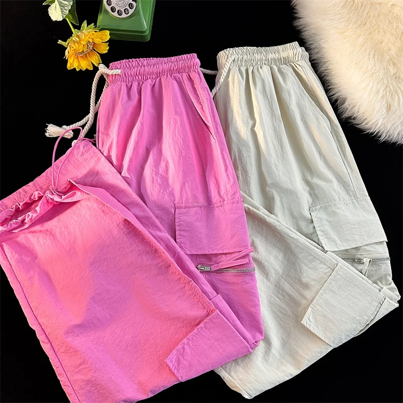 

Pink Dstring Wide Leg Workwear Pants Men's High Street Functional Loose Trendy Brand Casual Long Trousers Autumn Season