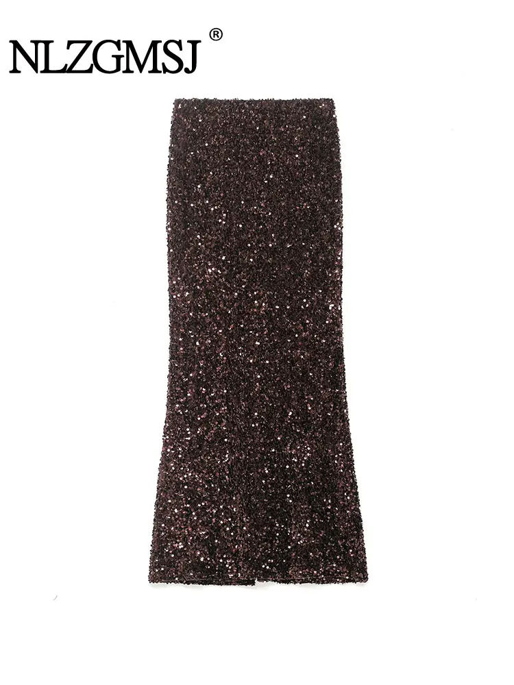 

NLZGMSJ 2022, осенние женские винтажные шикарные юбки с блестками, юбки-миди, модные вечерние клубные вечерние женские длинные юбки Y2K