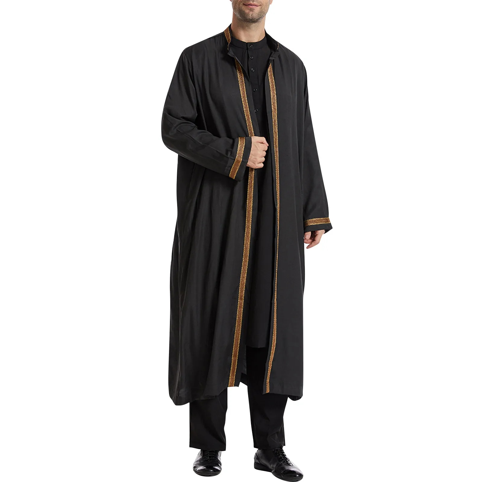 Nahost Kleidung Männer traditionelle muslimische islamische Jubba Thobe Stehkragen Strickjacke Kleid Robe mit Taschen täglichen Grunds til