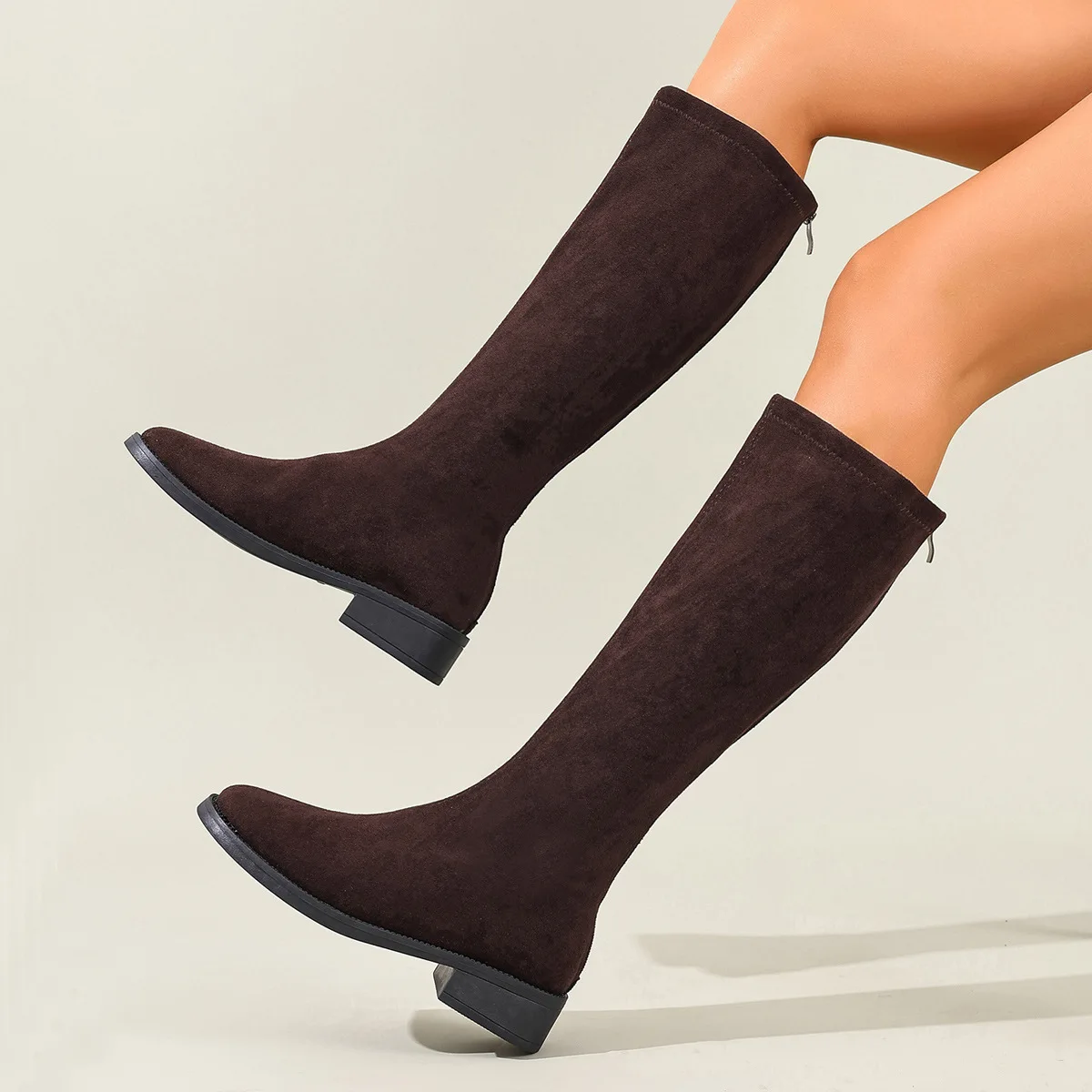 Thick heeled suede high top elastic boots for women, new autumn and winter 2025 model with back zipper thick heeled knight boots