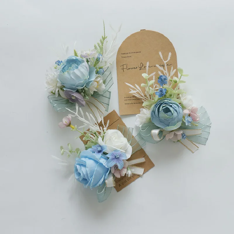 2432Wedding flower bouquet artificial flower business celebration opening guest corsage boutonniere handed flower blue