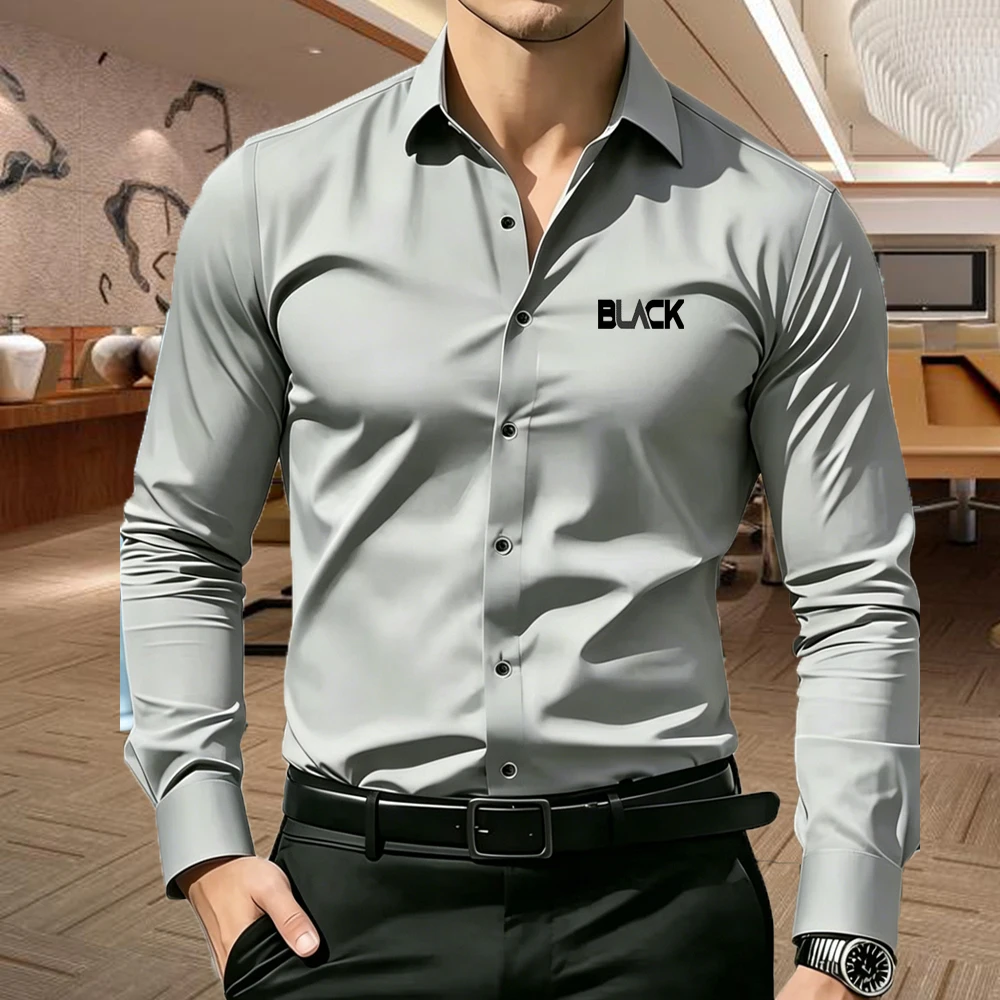 Men's Premium Business Casual Shirt with All Black Print, Slim Fit Long Sleeve Wrinkle Resistant Dress Shirt, 5-Color Available