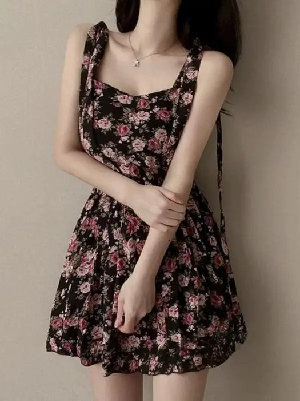 

Dongda Gate New Style Short Floral Print Waist Cinching Bodycon Dress without Sleeve High Waist Soft Comfortable Summer ...