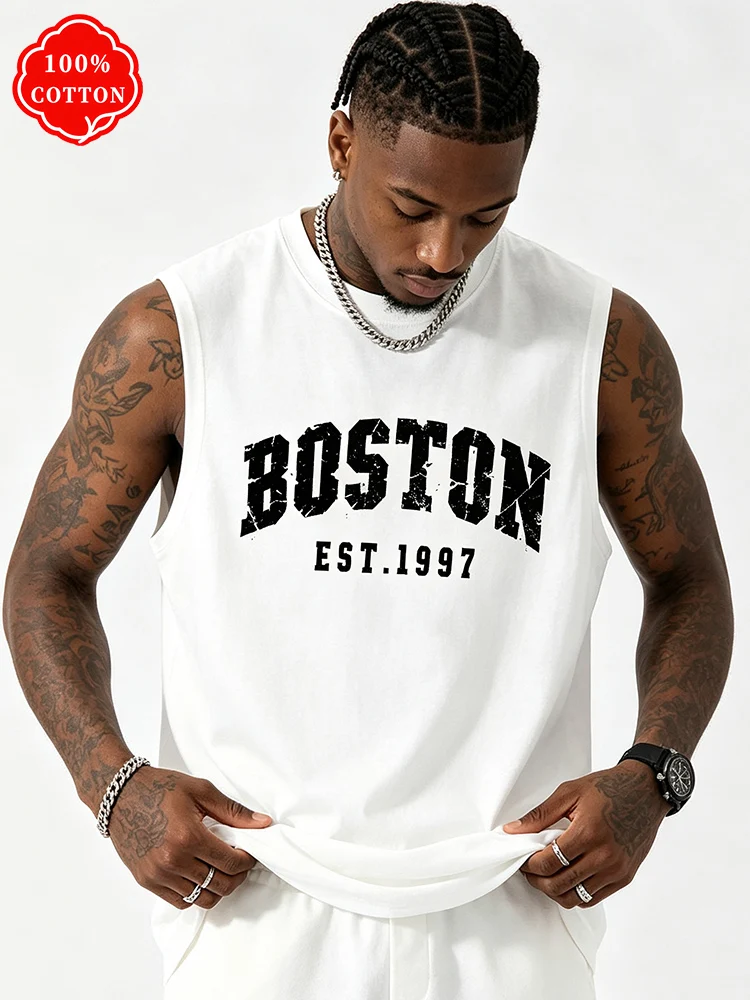 Men Vintage Distressed Boston Letter Print Cotton Tank Top Oversized Streetwear Gym Workout Casual Summer Sleeveless T Shirt-T84