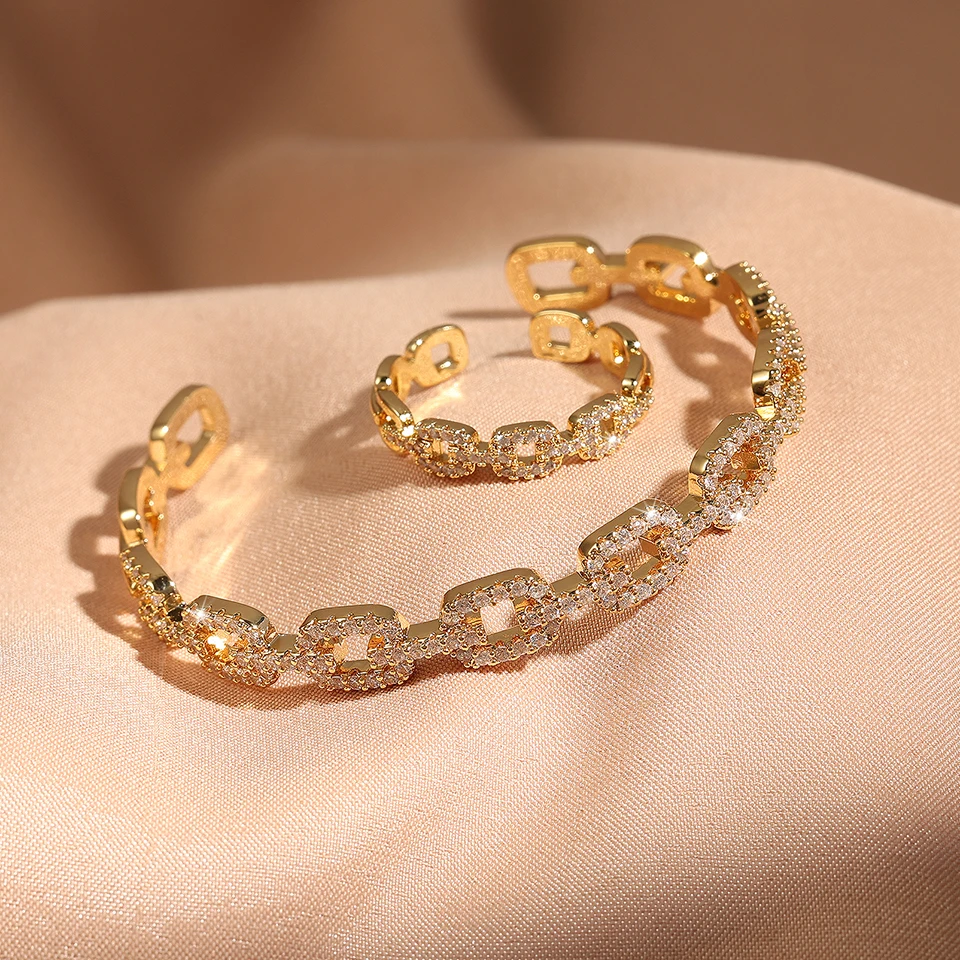 Yupsk 2 Pieces Hollow Square Shiny Zircon Chain Bracelet Rings for Women Shiny CZ Crystal Cuff Bangle Wedding Jewelry