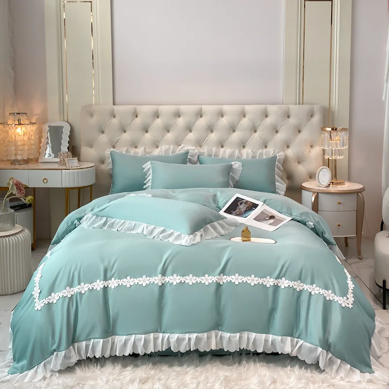 Washed silk lace four-piece set solid color princess style bed sheet quilt set solid color household four-piece set