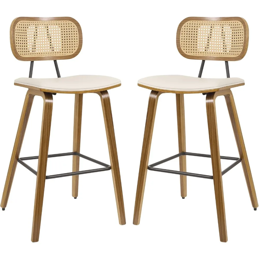 

Counter Height Bar Stools Set of 2, Mid Century Modern Counter Stools, 26" Wood Kitchen Stool PU Leather Upholstered Barstool