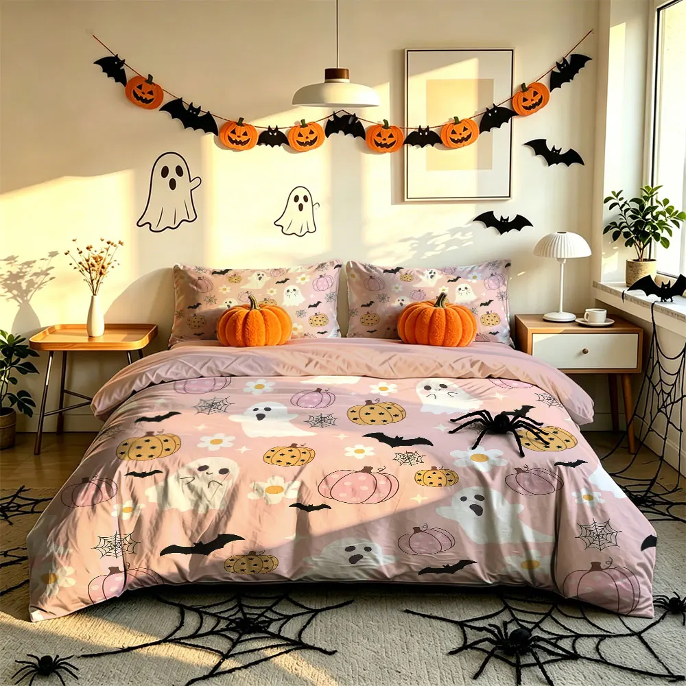 3PCS Ghost Pumpkin Bat Spider Web Floral Bedding Set,1 Duvet Cover+2 Pillowcases,No Filling,Soft Comfortable Fabric,Machine W