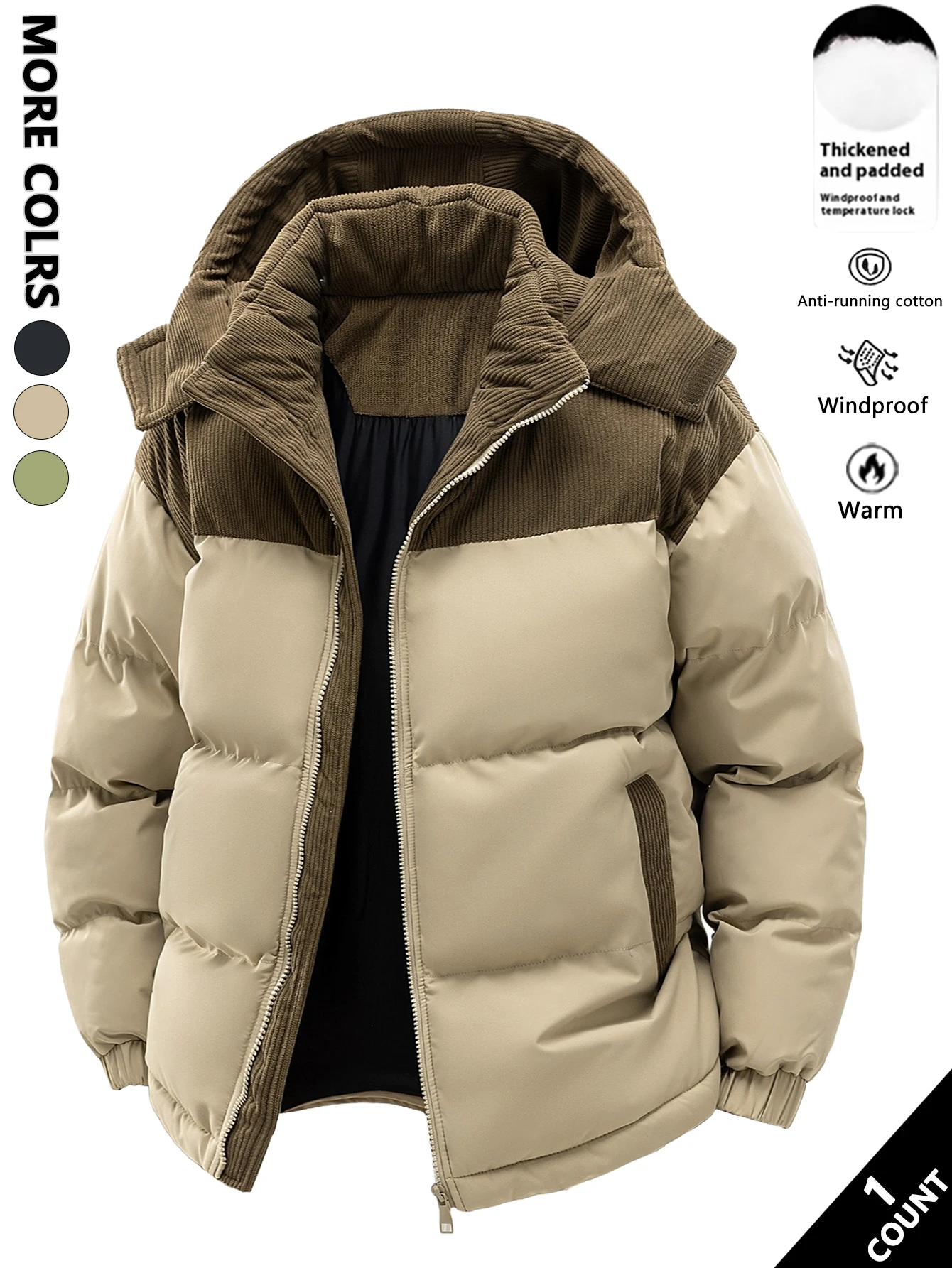 سترة قطنية بغطاء للرأس للرجال، سميكة ودافئة في الشتاء، مقاومة للرياح والبرودة، بسيطة ومتعددة الاستخدامات لملابس العمل