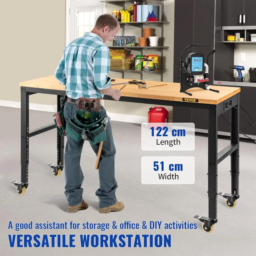 Adjustable Workbench, 48" L X 24" W Hardwood Work Bench with Universal Wheels & Foot Pads, 2000 LBS Load Capacity Heavy-Duty