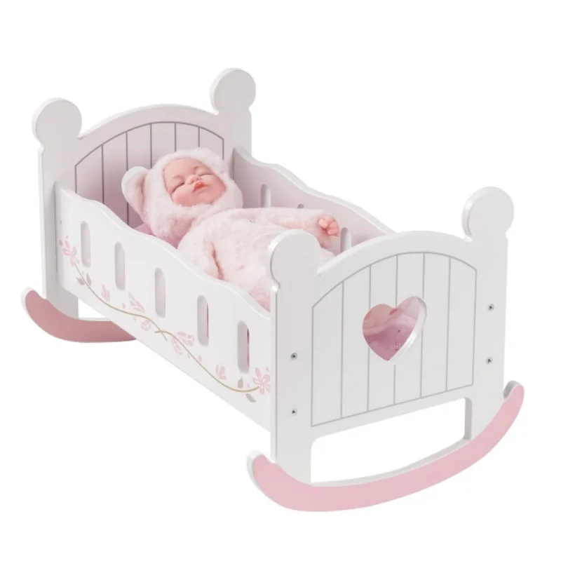 Robotime Wooden Play Doll Cradle Rocking Baby Doll Crib White fits Dolls Up to 20 Inches for Girl