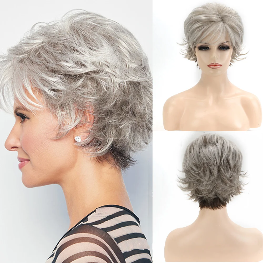 WHIMSICAL W Synthetic Short Ombre Gray Wig With Bangs Natural Fluffy Pixie Cut Wigs for Black White Women