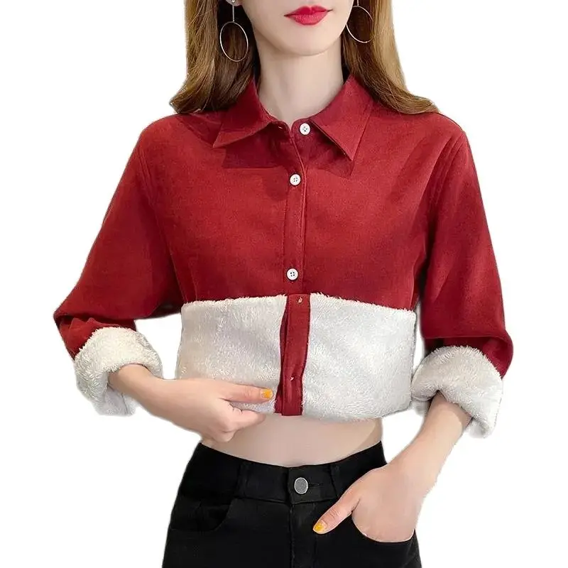 

Fashion Add Velvet Corduroy Shirt Women's Blouse 2022 Autumn Winter New Thicken Warm Bottoming Shirt Casual Shirt Jacket Female