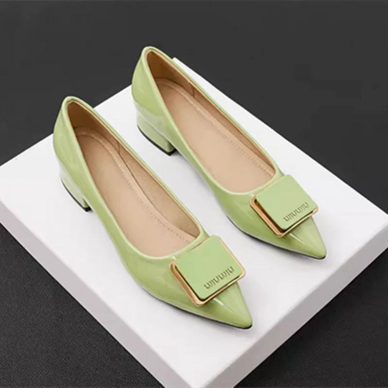 Women Dress Shoes Low Heels Elegant Pumps Square Button Pointy Toe Shallow Mouth Leather Slip-On Green Wine Black Plus Size 3-45