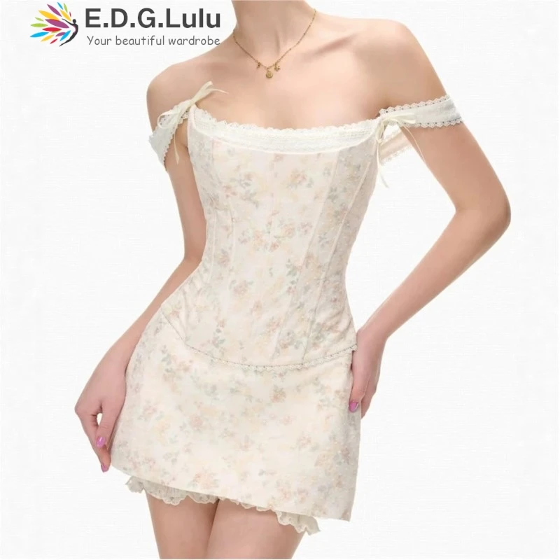 EDGLuLu Women' S Clothes 2 Piece Sets Square Collar Sleeveless Camisole Top+Mini Skirt Lace Patchwork Printed Sweet Suit 0625