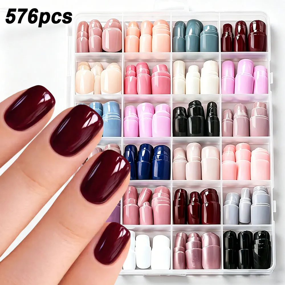 

576pcs Glossy Solid Red Pink Brown Fake Nails 24colors Colorful Short Square Press On Nails White Black French Tip False Nails
