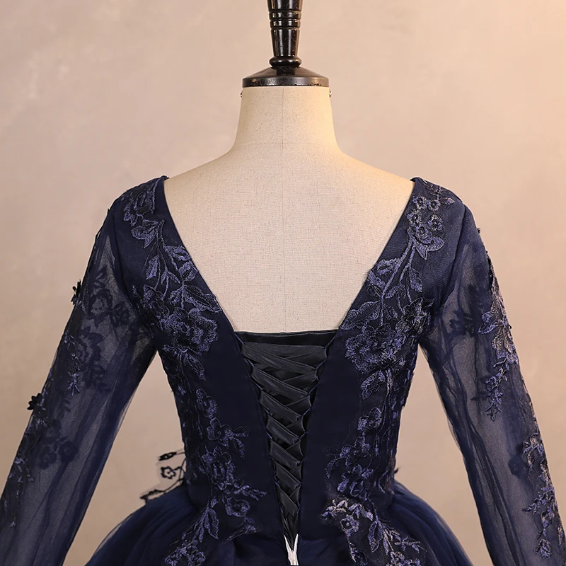Auf Lager Marineblaues Partykleid mit Schleppe Günstige 15-Quinceanera-Kleider Langarm Formelles Abendkleid Günstiges Kleid Maßgeschneidert