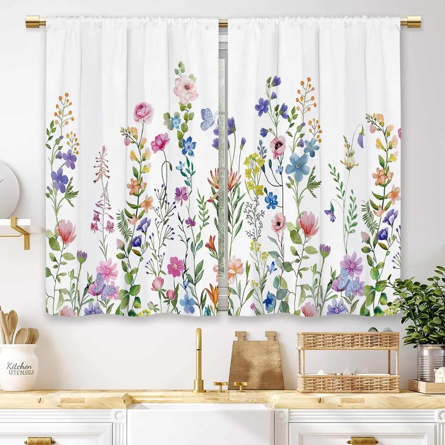Wildflower Window Curtains Colorful Floral Meadow Print Watercolor Plant Decor for Living Room Kitchen