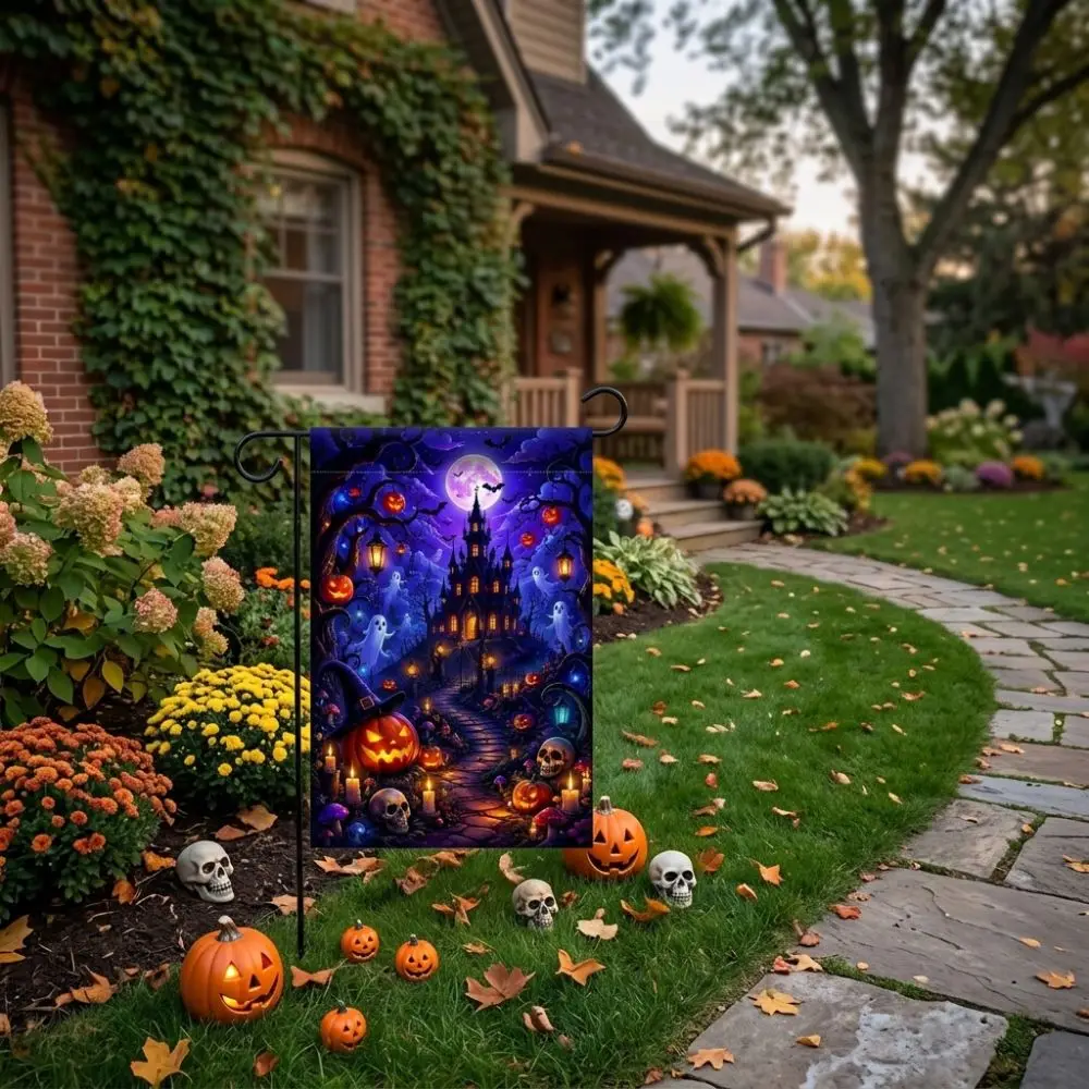 2D Flat Print Halloween Garden Flag Spooky Haunted House Pumpkin Black Cat Cloth Single Sided Polyester Halloween Outdoor Banner