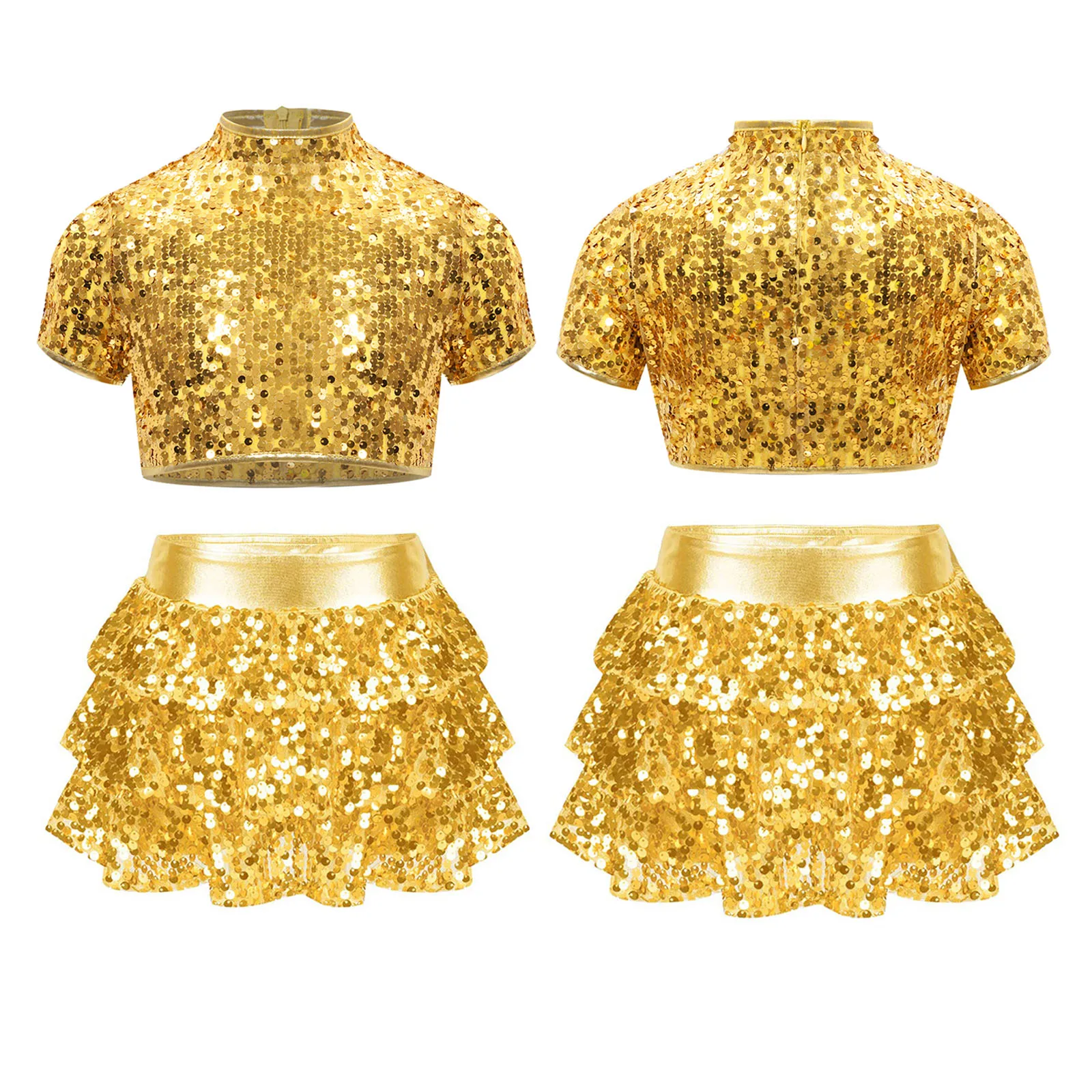 

Kids Girls Cheerleading Jazz Dance Costume 2Pcs Short Sleeve Sequins Shirts Tank Crop Top+Tiered Ruffle Skirted Shorts Culottes