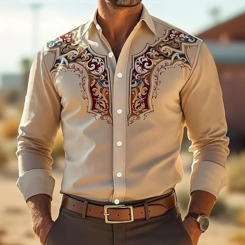 

New classic vintage men's shirt four seasons must-have casual flip-over button ethnic style printing new series