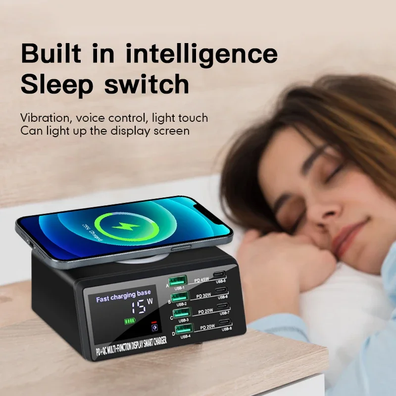 110 واط 8 منافذ USB محطة شحن 15 واط شحن لاسلكي PD 45 واط QC3.0 نوع C شاحن سريع آيفون 15 برو ماك بوك سامسونج X9D