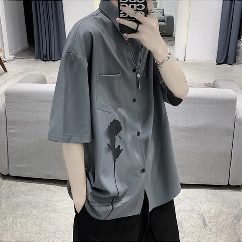 

Men Summer Trendy Vintage Rose Print Harajuku Aesthetic Gothic Shirt Youth Casual Streetwear Oversize Short Sleeve Tops Camisas