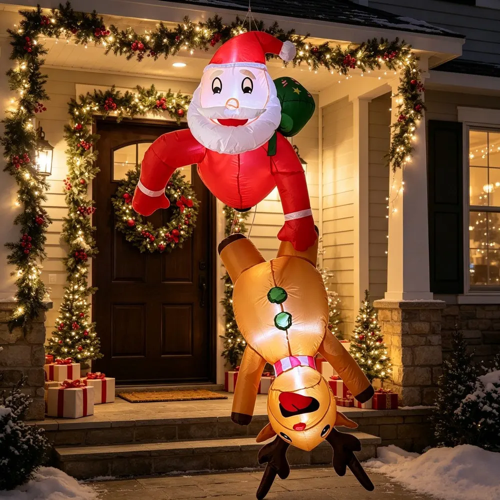 1.8M Christmas Inflatable Santa Claus Captures Inverted Reindeer LED Lights For Window Indoor And Outdoor Courtyard Decoration