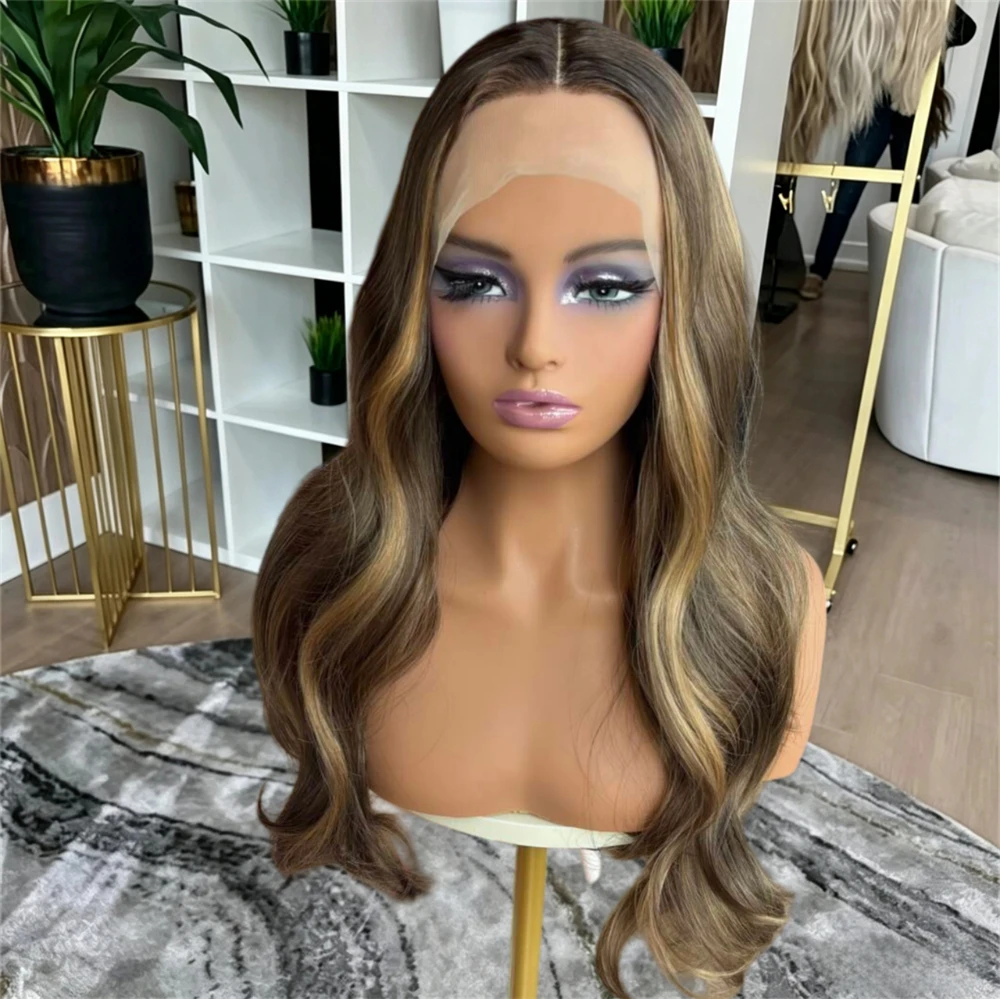 HD Invisible Transparent Lace Wig Synthetic Wig Ombre Brown with Honey Streaks Highlights Lace Front Wig Preplucked Hairline