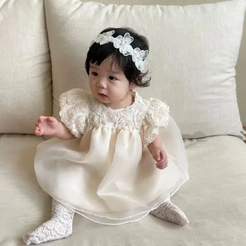 

Korean Style Summer Baby Girl Princess Dress Round Collar Puff Sleeve Floral Mesh Patchwork Dress Kid Photography Clothes E22010