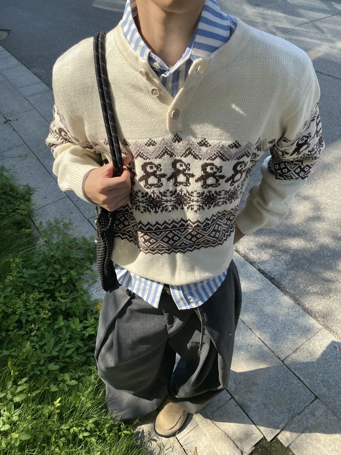 Cisas ペンギン レトロ フェアアイル ニット ラウンドネック セーター メンズ カジュアル 秋冬 多用途デザイン ロング丈 暖かい...