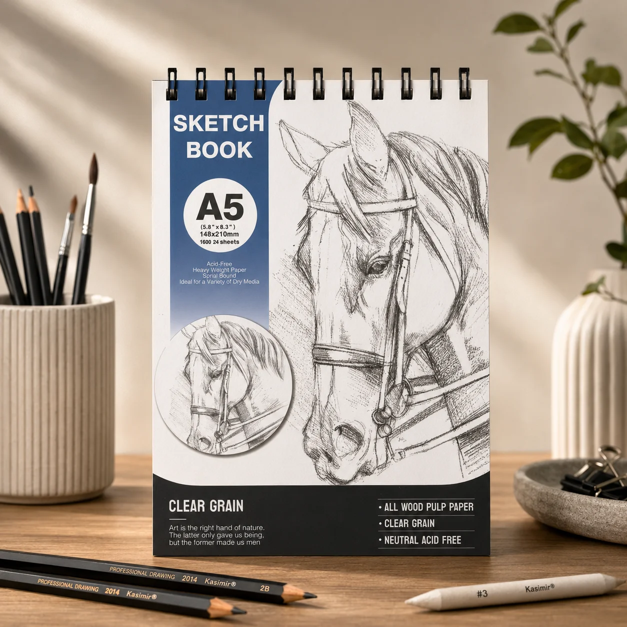 A5 Sketch Book 24 Sheets, 160gsm Acid-Free Clear Grain Wood Pulp Paper, Spiral Bound Sketch Pad for Drawing & Sketching, Back to School Art Supplies for Students & Artists