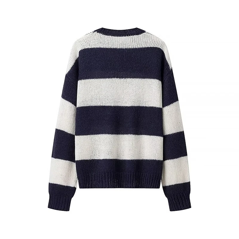 YENKYE Women Casual O Neck Long Sleeve Knitted Pullovers Autumn Winter Striped Sweaters Loose Jumper