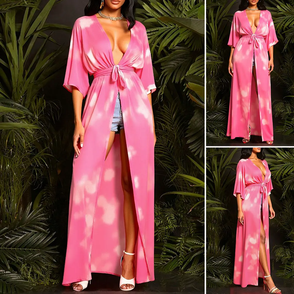 

Mia Muse Boutique Градиент с длинным рукавом и v-образным вырезом на шнуровке в пляжном стиле Свободный халат для летних каникул и отпуска Контрастный цвет