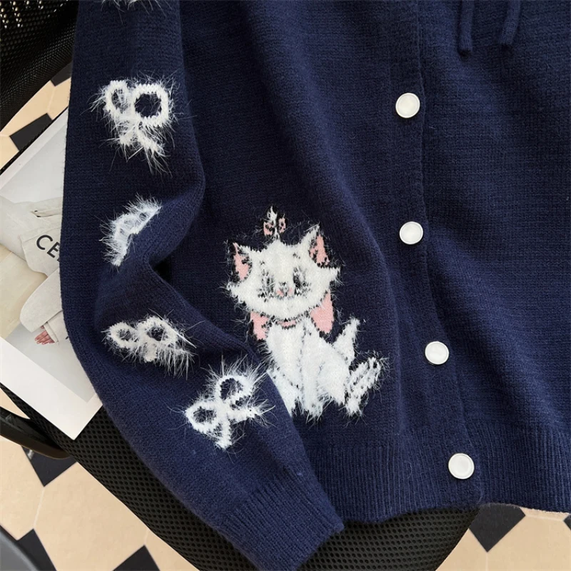 Bomon Casual Embroidery Cartoon kitten bow loose knit cardigan Autumn/winter new slouchy thickened sweater coat for women