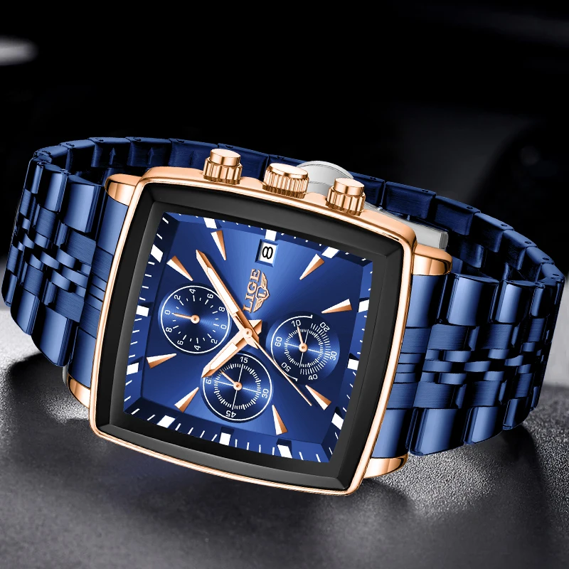 LIGE Business Watch Men Waterproof Luminous Date Chronograph Clock Male Square Stainless Steel Quartz Men's Watches Montre Homme