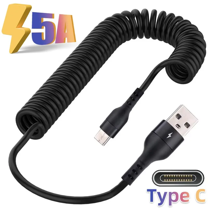 5A USB To Type C Fast Charging Cable Car Phone Charger USB Data Cables for IPhone Samsung Xiaomi Huawei Spring Telescopic Cable