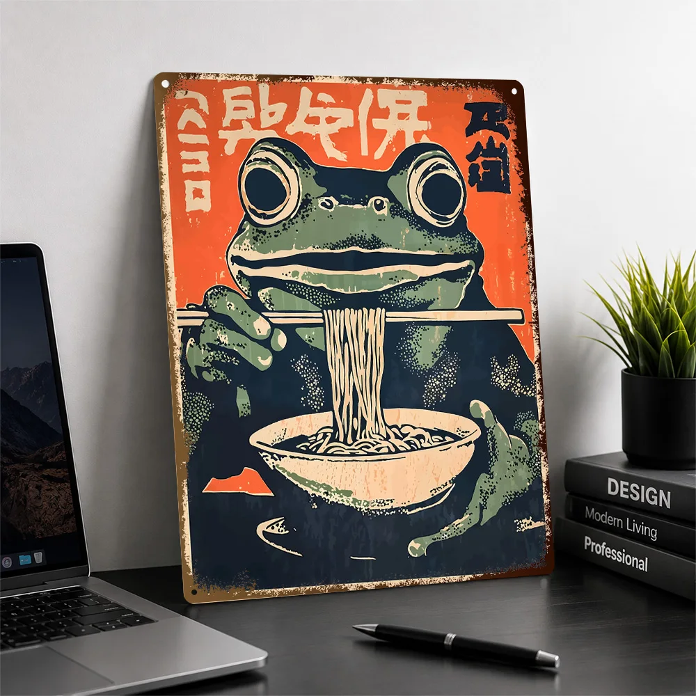 Frog Eating Noodles Japanese Textured Metal Poster Retro Illustrated Wall Art For Cafe Personalized Aluminum Sign Birthday Gift