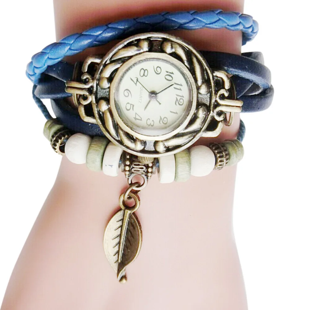 Fashion Women Watches Retro Leather Winding Bracelet Leaf Pendant Watch Hand Accessories Decoration Ladies Watch Montre Femme