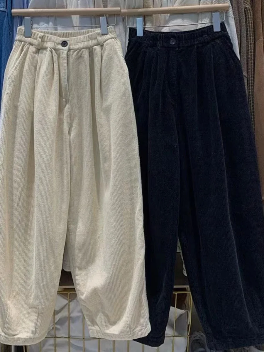 여성용 테니드 페이스 라이닝 코듀로이 할란 팬츠 겨울 패션 브랜드 버튼 롱 트라우저 캐주얼 랜턴 팬츠